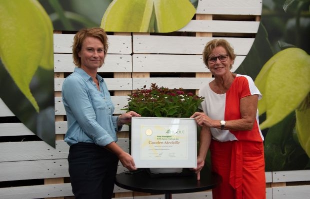 Saskia Janssen (Valkplant) odbiera dyplom i złoty medal za zgłoszoną do konkursu nowości KVBC Summer Challenge tawułę DOUBLE PLAY® DOOZIE®; z prawej Helma van der Louw - prezes KVBC, fot. Plantarium