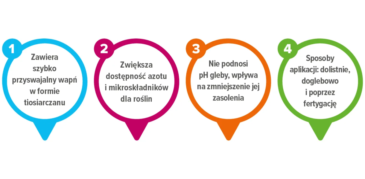 Korzyści CaTS Tiosiarczanu Wapnia w nawożeniu roślin: szybko przyswajalny wapń w formie tiosiarczanu, zwiększona dostępność azotu i mikroelementów, brak podnoszenia pH gleby oraz skuteczność w zmniejszaniu zasolenia. Idealny do fertygacji, upraw pod osłonami oraz zapobiegania niedoborom wapnia w roślinach jagodowych, warzywach i owocach. Najlepszy nawóz wapniowy do upraw warzywnych, jagodowych i sadowniczych. Dowiedz się, jak skutecznie dostarczać wapń roślinom!