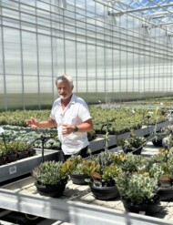 Prezes Platpolu Jerzy Starzyński pokazuje sektor z sukulentami w szklarni_Zwiedzanie obiektów produkcyjnych w Zaborzu przez uczestników kongresu Fleuroselectu 2025_Fleuroselect Convention Krakow 2025