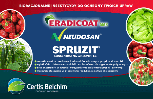 Eradicoat, Neudosan, Spruzit, zwalczanie szkodników, zwalczanie mszyc, zwalczanie przędziorków, zwalczanie mączlików, brak okresu karencji, brak okresu prewencji, Certis Belchim, uprawa pod osłonami, zwalczanie szkodników pod osłonami