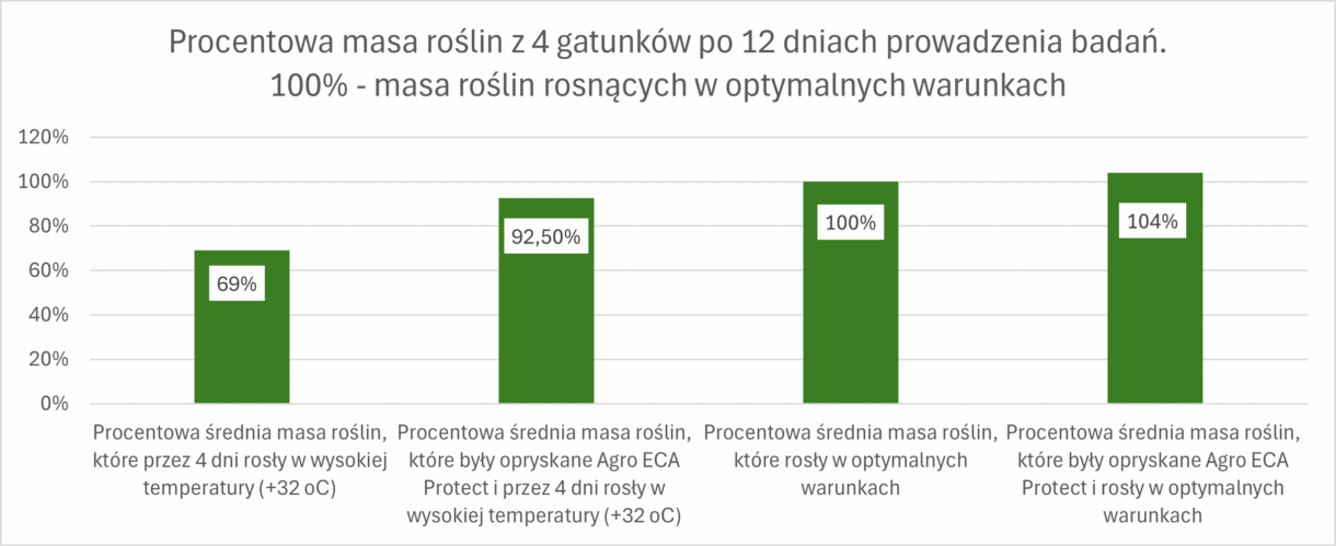 Procentowa masa roślin z 4 gatunków, po 12 dniach badania